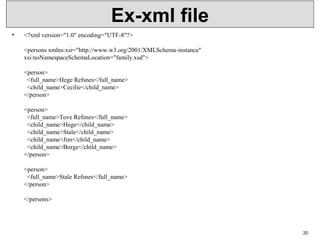 Ex-xml file
• <?xml version="1.0" encoding="UTF-8"?>
<persons xmlns:xsi="http://www.w3.org/2001/XMLSchema-instance"
xsi:noNamespaceSchemaLocation="family.xsd">
<person>
  <full_name>Hege Refsnes</full_name>
  <child_name>Cecilie</child_name>
</person>
<person>
  <full_name>Tove Refsnes</full_name>
  <child_name>Hege</child_name>
  <child_name>Stale</child_name>
  <child_name>Jim</child_name>
  <child_name>Borge</child_name>
</person>
<person>
  <full_name>Stale Refsnes</full_name>
</person>
</persons>
20
 