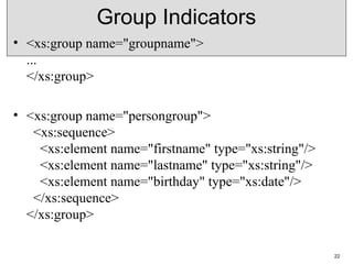 Group Indicators
• <xs:group name="groupname">
...
</xs:group>
• <xs:group name="persongroup">
  <xs:sequence>
    <xs:element name="firstname" type="xs:string"/>
    <xs:element name="lastname" type="xs:string"/>
    <xs:element name="birthday" type="xs:date"/>
  </xs:sequence>
</xs:group>
22
 