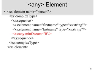 <any> Element
• <xs:element name="person">
  <xs:complexType>
    <xs:sequence>
      <xs:element name="firstname" type="xs:string"/>
      <xs:element name="lastname" type="xs:string"/>
      <xs:any minOccurs="0"/>
    </xs:sequence>
  </xs:complexType>
</xs:element>
26
 