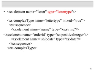 • <xs:element name="letter" type="lettertype"/>
<xs:complexType name="lettertype" mixed="true">
  <xs:sequence>
    <xs:element name="name" type="xs:string"/>
<xs:element name="orderid" type="xs:positiveInteger"/>
    <xs:element name="shipdate" type="xs:date"/>
  </xs:sequence>
</xs:complexType>
13
 