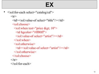 EX
• <xsl:for-each select="catalog/cd">
    <tr>
      <td><xsl:value-of select="title"/></td>
      <xsl:choose>
        <xsl:when test="price > 10">
          <td bgcolor="#ff00ff">
          <xsl:value-of select="artist"/></td>
        </xsl:when>
        <xsl:otherwise>
          <td><xsl:value-of select="artist"/></td>
        </xsl:otherwise>
      </xsl:choose>
    </tr>
    </xsl:for-each>
12
 