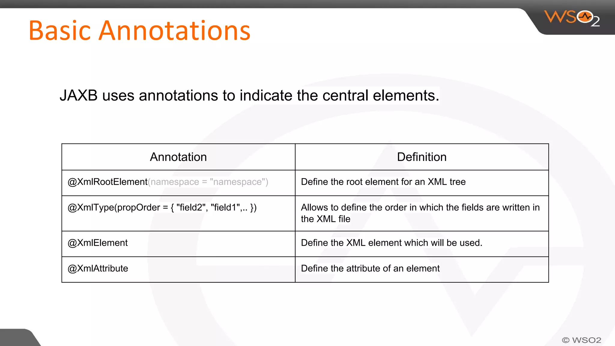 JAXB uses annotations to indicate the central elements.
Annotation Definition
@XmlRootElement(namespace = "namespace") Define the root element for an XML tree
@XmlType(propOrder = { "field2", "field1",.. }) Allows to define the order in which the fields are written in
the XML file
@XmlElement Define the XML element which will be used.
@XmlAttribute Define the attribute of an element
 