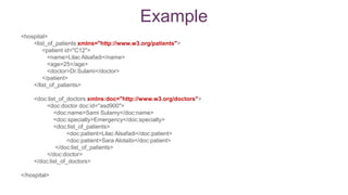 <hospital>
<list_of_patients xmlns="http://www.w3.org/patients">
<patient id="C12">
<name>Lilac Alsafadi</name>
<age>25</age>
<doctor>Dr.Sulami</doctor>
</patient>
</list_of_patients>
<doc:list_of_doctors xmlns:doc="http://www.w3.org/doctors">
<doc:doctor doc:id="asd900">
<doc:name>Sami Sulamy</doc:name>
<doc:specialty>Emergency</doc:specialty>
<doc:list_of_patients>
<doc:patient>Lilac Alsafadi</doc:patient>
<doc:patient>Sara Alotaibi</doc:patient>
</doc:list_of_patients>
</doc:doctor>
</doc:list_of_doctors>
</hospital>
Example
 