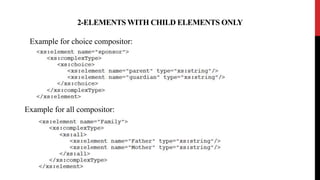 2-ELEMENTS WITH CHILD ELEMENTS ONLY
Example for choice compositor:
Example for all compositor:
 
