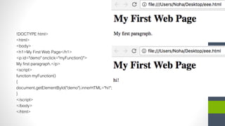!DOCTYPE html>
<html>
<body>
<h1>My First Web Page</h1>
<p id="demo" onclick="myFunction()">
My first paragraph.</p>
<script>
function myFunction()
{
document.getElementById("demo").innerHTML="hi!";
}
</script>
</body>
</html>
 