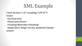 XML Example
<?xml version="1.0" encoding="UTF-8"?>
<note>
<to>Tove</to>
<from>Jani</from>
<heading>Reminder</heading>
<body>Don't forget me this weekend!</body>
</note>
23
 