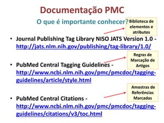 • Journal Publishing Tag Library NISO JATS Version 1.0 -
http://jats.nlm.nih.gov/publishing/tag-library/1.0/
• PubMed Central Tagging Guidelines -
http://www.ncbi.nlm.nih.gov/pmc/pmcdoc/tagging-
guidelines/article/style.html
• PubMed Central Citations -
http://www.ncbi.nlm.nih.gov/pmc/pmcdoc/tagging-
guidelines/citations/v3/toc.html
Documentação PMC
O que é importante conhecer?Biblioteca de
elementos e
atributos
Regras de
Marcação de
Artigos
Amostras de
Referências
Marcadas
 