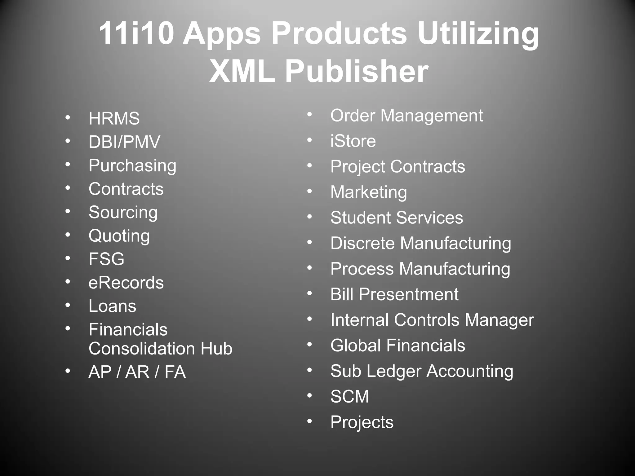11i10 Apps Products Utilizing
XML Publisher
• HRMS
• DBI/PMV
• Purchasing
• Contracts
• Sourcing
• Quoting
• FSG
• eRecords
• Loans
• Financials
Consolidation Hub
• AP / AR / FA
• Order Management
• iStore
• Project Contracts
• Marketing
• Student Services
• Discrete Manufacturing
• Process Manufacturing
• Bill Presentment
• Internal Controls Manager
• Global Financials
• Sub Ledger Accounting
• SCM
• Projects
 