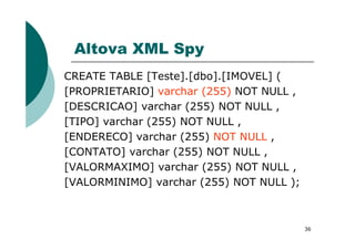 Altova XML Spy
CREATE TABLE [Teste].[dbo].[IMOVEL] (
[PROPRIETARIO] varchar (255) NOT NULL ,
[DESCRICAO] varchar (255) NOT NULL ,
[TIPO] varchar (255) NOT NULL ,
36
[TIPO] varchar (255) NOT NULL ,
[ENDERECO] varchar (255) NOT NULL ,
[CONTATO] varchar (255) NOT NULL ,
[VALORMAXIMO] varchar (255) NOT NULL ,
[VALORMINIMO] varchar (255) NOT NULL );
 