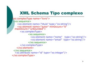 XML Schema Tipo complexo
<xs:complexType name="livro">
<xs:sequence>
<xs:element name="titulo" type="xs:string"/>
<xs:element name="autor" minOccurs="0"
maxOccurs="unbounded">
<xs:complexType>
<xs:sequence>
9
<xs:sequence>
<xs:element name="nome" type="xs:string"/>
<xs:element name="email" type="xs:string"/>
</xs:sequence>
</xs:complexType>
</xs:element>
</xs:sequence>
<xs:attribute name="id" type="xs:integer"/>
</xs:complexType>
 