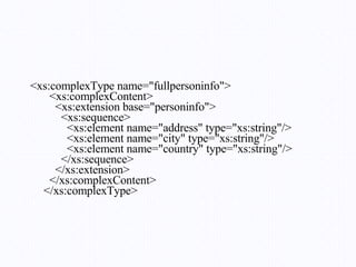 <xs:complexType name="fullpersoninfo">   <xs:complexContent>     <xs:extension base="personinfo">       <xs:sequence>         <xs:element name="address" type="xs:string"/>         <xs:element name="city" type="xs:string"/>         <xs:element name="country" type="xs:string"/>       </xs:sequence>     </xs:extension>   </xs:complexContent> </xs:complexType>  