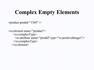 Complex Empty Elements <product prodid="1345" /> <xs:element name="product">   <xs:complexType>     <xs:attribute name="prodid" type="xs:positiveInteger"/>   </xs:complexType> </xs:element> 
