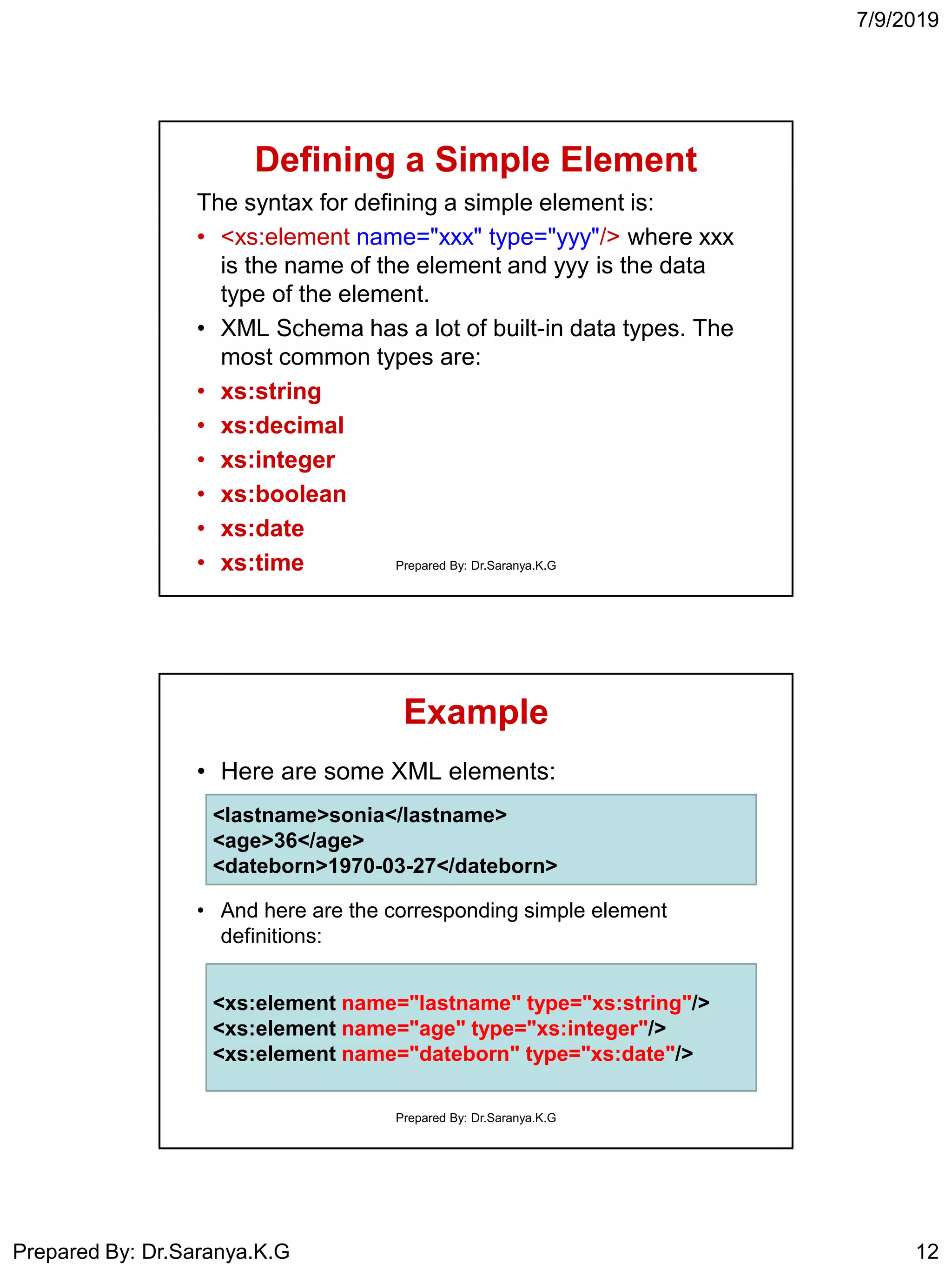 7/9/2019
Prepared By: Dr.Saranya.K.G 12
Defining a Simple Element
The syntax for defining a simple element is:
• <xs:element name="xxx" type="yyy"/> where xxx
is the name of the element and yyy is the data
type of the element.
• XML Schema has a lot of built-in data types. The
most common types are:
• xs:string
• xs:decimal
• xs:integer
• xs:boolean
• xs:date
• xs:time Prepared By: Dr.Saranya.K.G
Example
• Here are some XML elements:
• And here are the corresponding simple element
definitions:
<xs:element name="lastname" type="xs:string"/>
<xs:element name="age" type="xs:integer"/>
<xs:element name="dateborn" type="xs:date"/>
<lastname>sonia</lastname>
<age>36</age>
<dateborn>1970-03-27</dateborn>
Prepared By: Dr.Saranya.K.G
 
