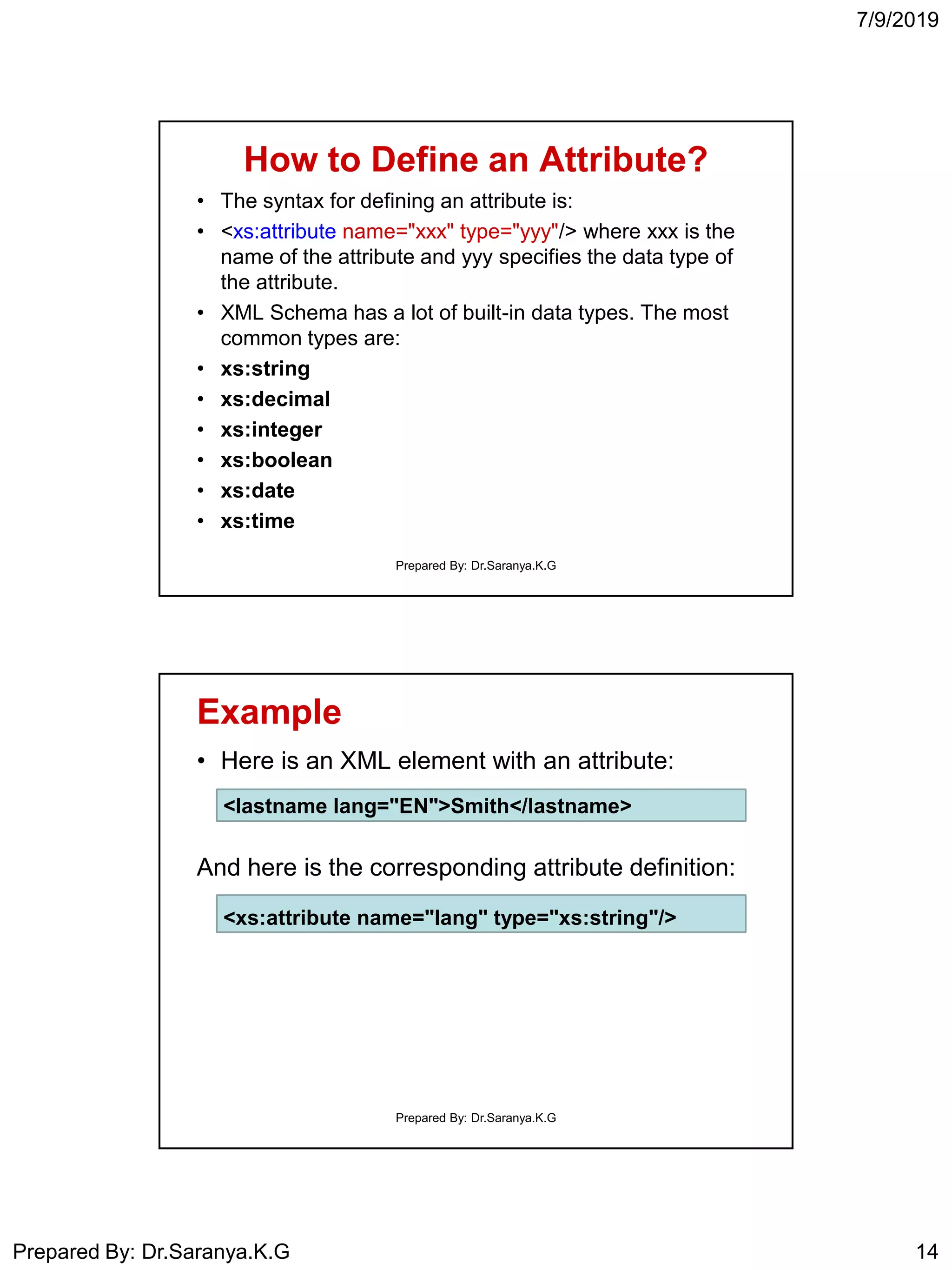 7/9/2019
Prepared By: Dr.Saranya.K.G 14
How to Define an Attribute?
• The syntax for defining an attribute is:
• <xs:attribute name="xxx" type="yyy"/> where xxx is the
name of the attribute and yyy specifies the data type of
the attribute.
• XML Schema has a lot of built-in data types. The most
common types are:
• xs:string
• xs:decimal
• xs:integer
• xs:boolean
• xs:date
• xs:time
Prepared By: Dr.Saranya.K.G
Example
• Here is an XML element with an attribute:
And here is the corresponding attribute definition:
<lastname lang="EN">Smith</lastname>
<xs:attribute name="lang" type="xs:string"/>
Prepared By: Dr.Saranya.K.G
 