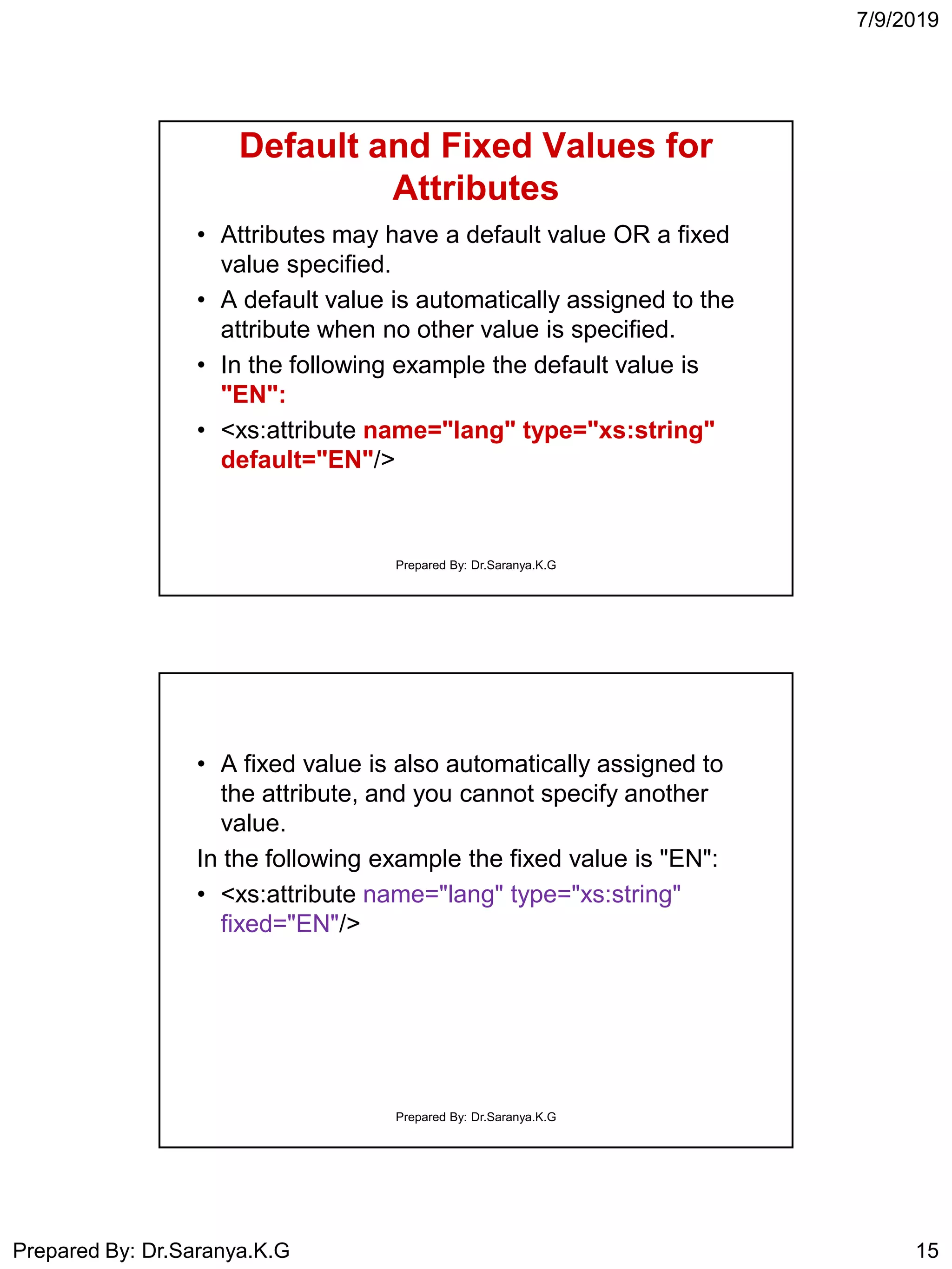 7/9/2019
Prepared By: Dr.Saranya.K.G 15
Default and Fixed Values for
Attributes
• Attributes may have a default value OR a fixed
value specified.
• A default value is automatically assigned to the
attribute when no other value is specified.
• In the following example the default value is
"EN":
• <xs:attribute name="lang" type="xs:string"
default="EN"/>
Prepared By: Dr.Saranya.K.G
• A fixed value is also automatically assigned to
the attribute, and you cannot specify another
value.
In the following example the fixed value is "EN":
• <xs:attribute name="lang" type="xs:string"
fixed="EN"/>
Prepared By: Dr.Saranya.K.G
 