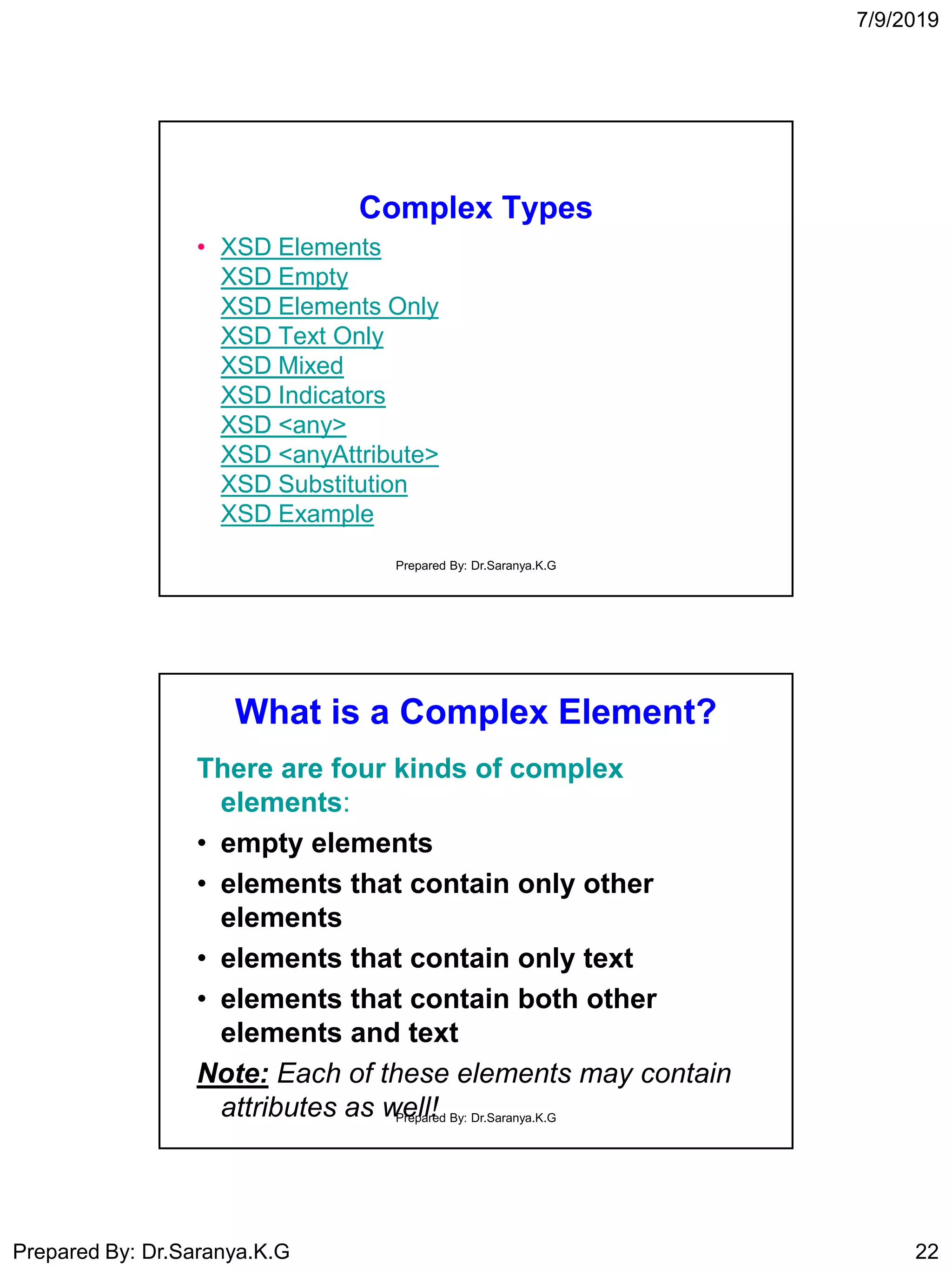 7/9/2019
Prepared By: Dr.Saranya.K.G 22
Complex Types
• XSD Elements
XSD Empty
XSD Elements Only
XSD Text Only
XSD Mixed
XSD Indicators
XSD <any>
XSD <anyAttribute>
XSD Substitution
XSD Example
Prepared By: Dr.Saranya.K.G
What is a Complex Element?
There are four kinds of complex
elements:
• empty elements
• elements that contain only other
elements
• elements that contain only text
• elements that contain both other
elements and text
Note: Each of these elements may contain
attributes as well!Prepared By: Dr.Saranya.K.G
 