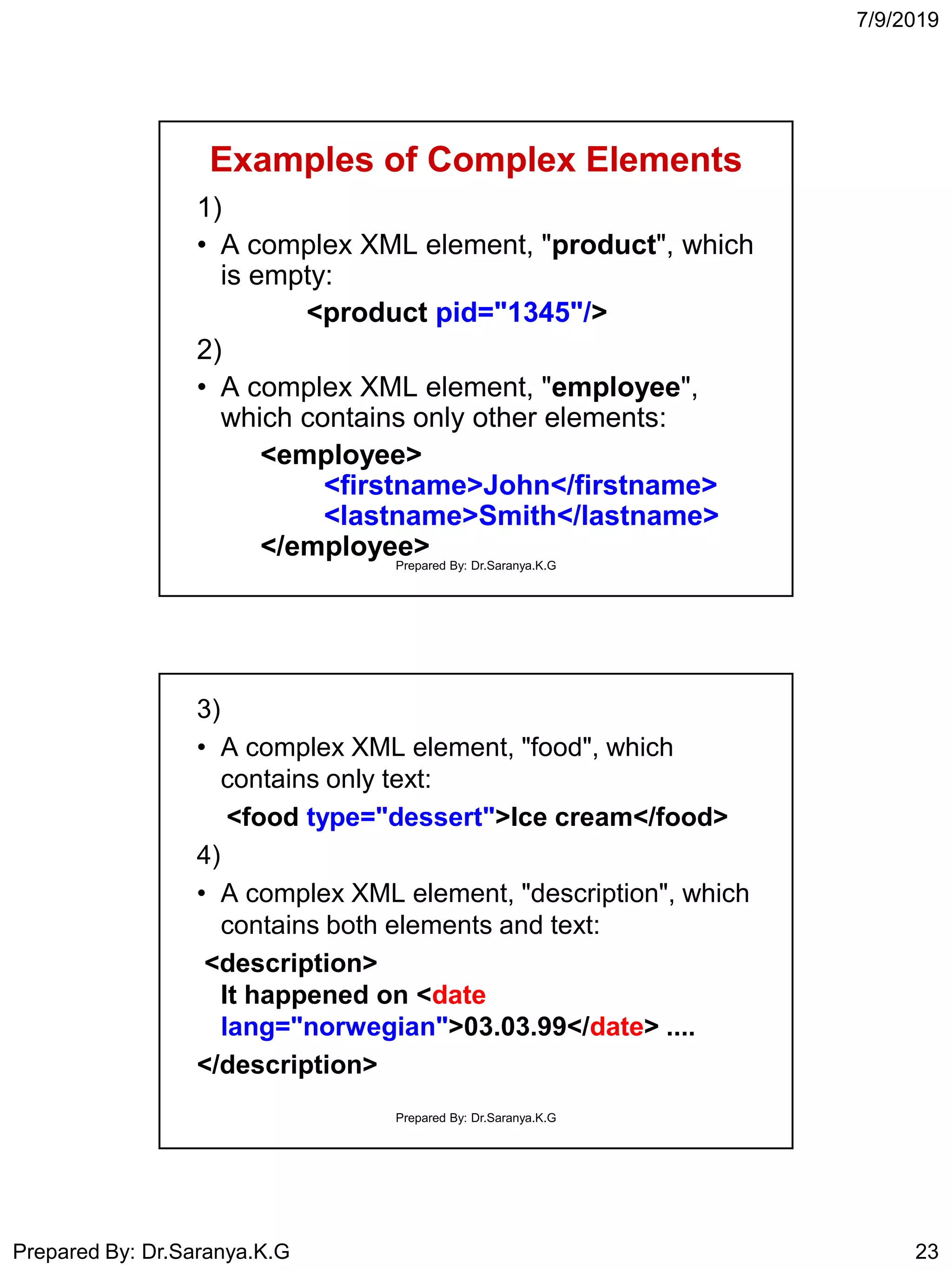7/9/2019
Prepared By: Dr.Saranya.K.G 23
Examples of Complex Elements
1)
• A complex XML element, "product", which
is empty:
<product pid="1345"/>
2)
• A complex XML element, "employee",
which contains only other elements:
<employee>
<firstname>John</firstname>
<lastname>Smith</lastname>
</employee>
Prepared By: Dr.Saranya.K.G
3)
• A complex XML element, "food", which
contains only text:
<food type="dessert">Ice cream</food>
4)
• A complex XML element, "description", which
contains both elements and text:
<description>
It happened on <date
lang="norwegian">03.03.99</date> ....
</description>
Prepared By: Dr.Saranya.K.G
 