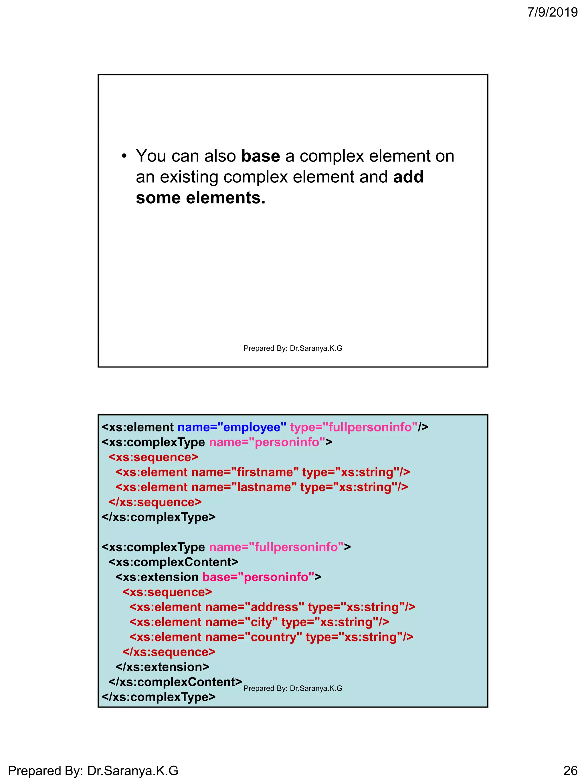 7/9/2019
Prepared By: Dr.Saranya.K.G 26
• You can also base a complex element on
an existing complex element and add
some elements.
Prepared By: Dr.Saranya.K.G
<xs:element name="employee" type="fullpersoninfo"/>
<xs:complexType name="personinfo">
<xs:sequence>
<xs:element name="firstname" type="xs:string"/>
<xs:element name="lastname" type="xs:string"/>
</xs:sequence>
</xs:complexType>
<xs:complexType name="fullpersoninfo">
<xs:complexContent>
<xs:extension base="personinfo">
<xs:sequence>
<xs:element name="address" type="xs:string"/>
<xs:element name="city" type="xs:string"/>
<xs:element name="country" type="xs:string"/>
</xs:sequence>
</xs:extension>
</xs:complexContent>
</xs:complexType>
Prepared By: Dr.Saranya.K.G
 