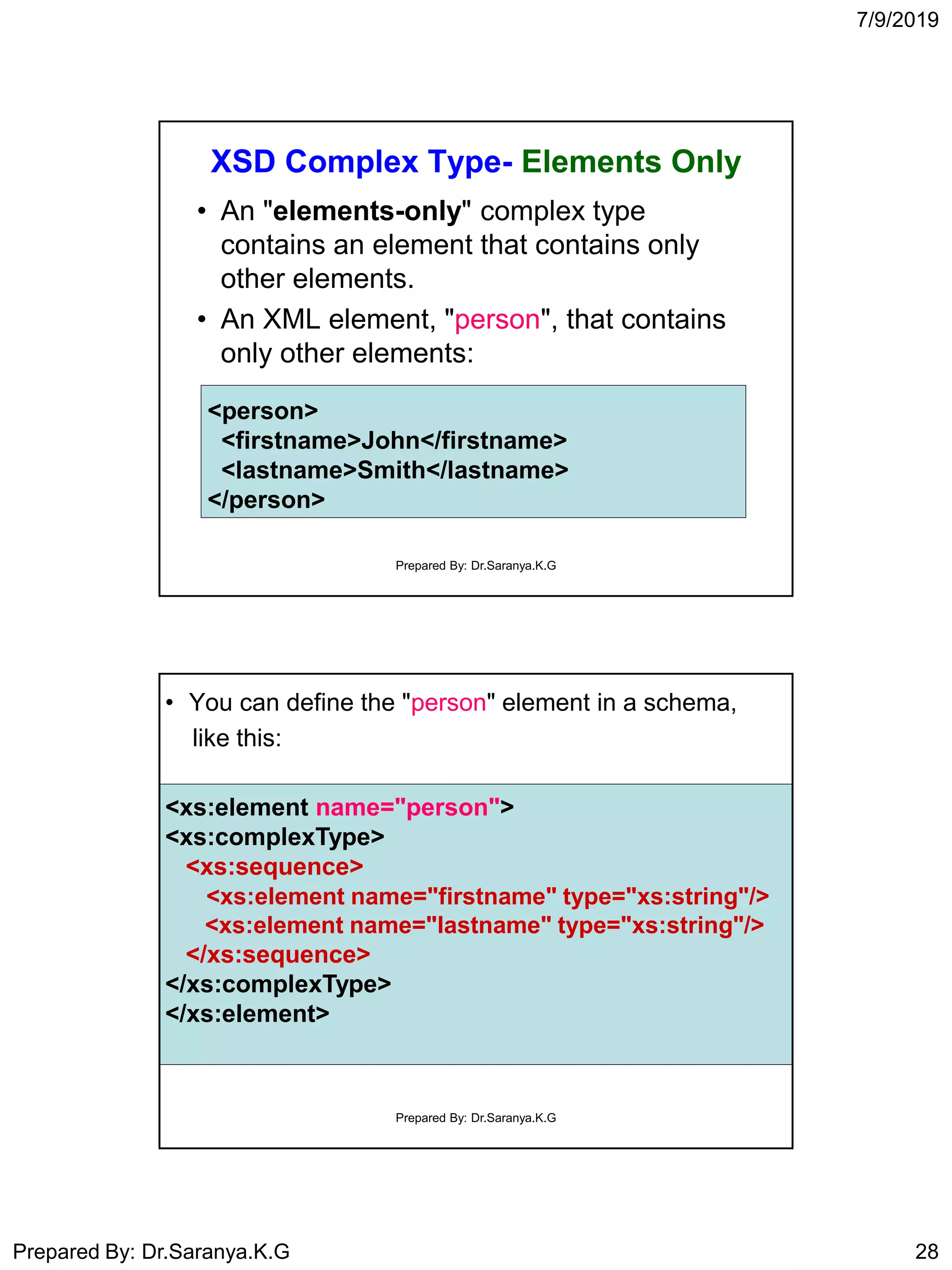 7/9/2019
Prepared By: Dr.Saranya.K.G 28
XSD Complex Type- Elements Only
• An "elements-only" complex type
contains an element that contains only
other elements.
• An XML element, "person", that contains
only other elements:
<person>
<firstname>John</firstname>
<lastname>Smith</lastname>
</person>
Prepared By: Dr.Saranya.K.G
• You can define the "person" element in a schema,
like this:
<xs:element name="person">
<xs:complexType>
<xs:sequence>
<xs:element name="firstname" type="xs:string"/>
<xs:element name="lastname" type="xs:string"/>
</xs:sequence>
</xs:complexType>
</xs:element>
Prepared By: Dr.Saranya.K.G
 