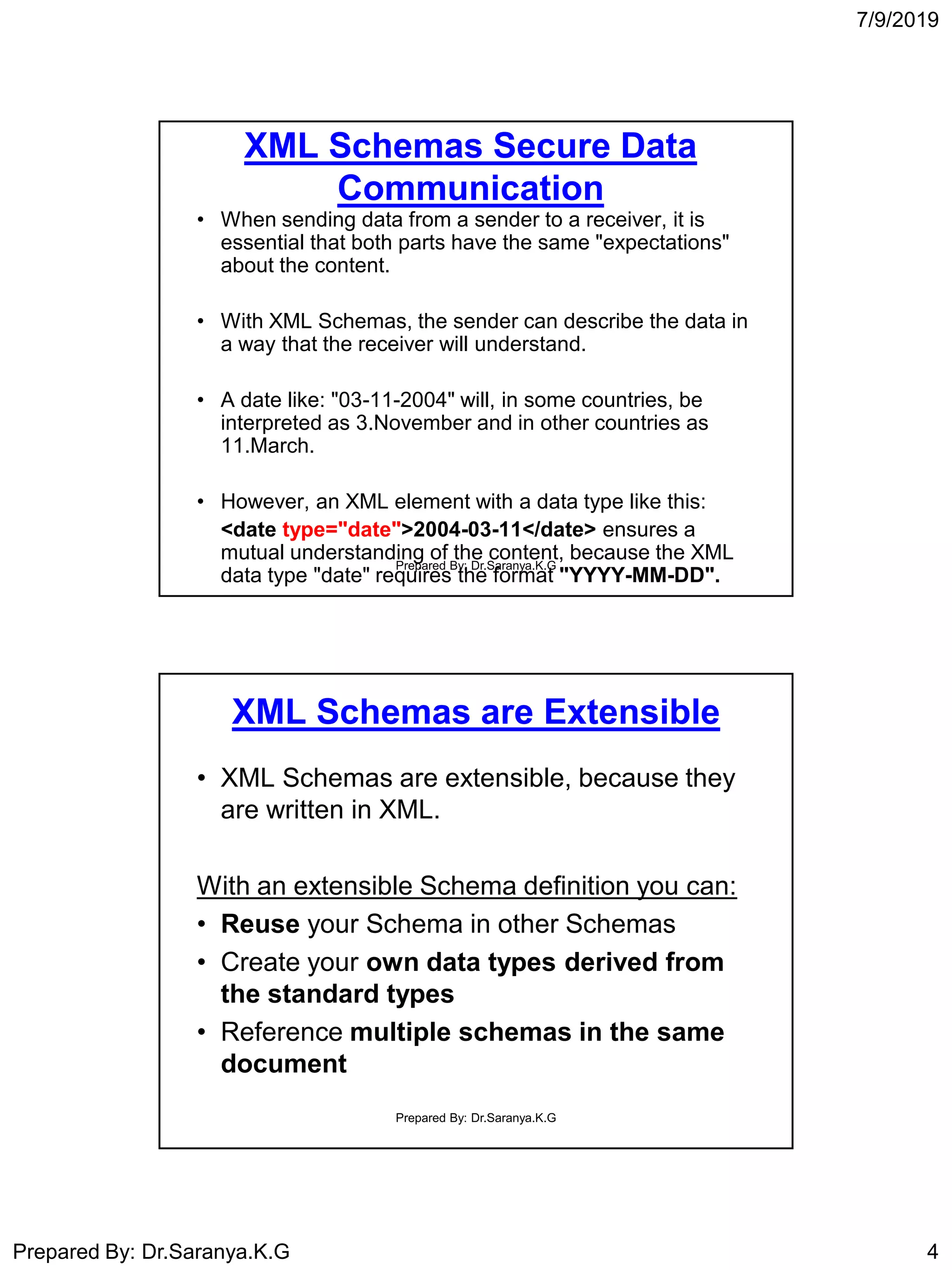 7/9/2019
Prepared By: Dr.Saranya.K.G 4
XML Schemas Secure Data
Communication
• When sending data from a sender to a receiver, it is
essential that both parts have the same "expectations"
about the content.
• With XML Schemas, the sender can describe the data in
a way that the receiver will understand.
• A date like: "03-11-2004" will, in some countries, be
interpreted as 3.November and in other countries as
11.March.
• However, an XML element with a data type like this:
<date type="date">2004-03-11</date> ensures a
mutual understanding of the content, because the XML
data type "date" requires the format "YYYY-MM-DD".
Prepared By: Dr.Saranya.K.G
XML Schemas are Extensible
• XML Schemas are extensible, because they
are written in XML.
With an extensible Schema definition you can:
• Reuse your Schema in other Schemas
• Create your own data types derived from
the standard types
• Reference multiple schemas in the same
document
Prepared By: Dr.Saranya.K.G
 