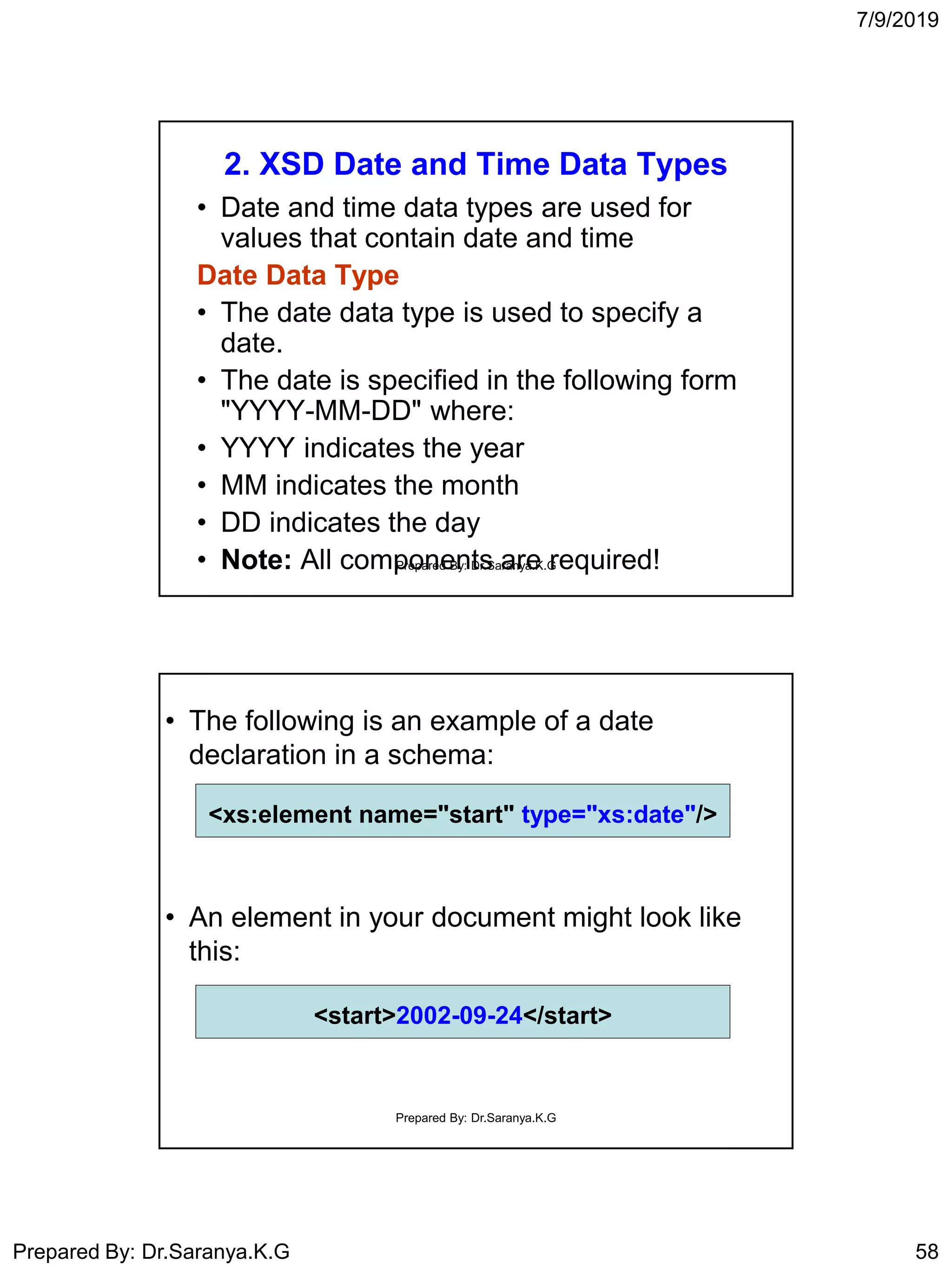 7/9/2019
Prepared By: Dr.Saranya.K.G 58
2. XSD Date and Time Data Types
• Date and time data types are used for
values that contain date and time
Date Data Type
• The date data type is used to specify a
date.
• The date is specified in the following form
"YYYY-MM-DD" where:
• YYYY indicates the year
• MM indicates the month
• DD indicates the day
• Note: All components are required!Prepared By: Dr.Saranya.K.G
• The following is an example of a date
declaration in a schema:
• An element in your document might look like
this:
<start>2002-09-24</start>
<xs:element name="start" type="xs:date"/>
Prepared By: Dr.Saranya.K.G
 