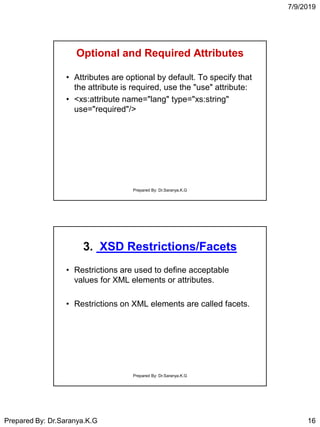7/9/2019
Prepared By: Dr.Saranya.K.G 16
Optional and Required Attributes
• Attributes are optional by default. To specify that
the attribute is required, use the "use" attribute:
• <xs:attribute name="lang" type="xs:string"
use="required"/>
Prepared By: Dr.Saranya.K.G
3. XSD Restrictions/Facets
• Restrictions are used to define acceptable
values for XML elements or attributes.
• Restrictions on XML elements are called facets.
Prepared By: Dr.Saranya.K.G
 