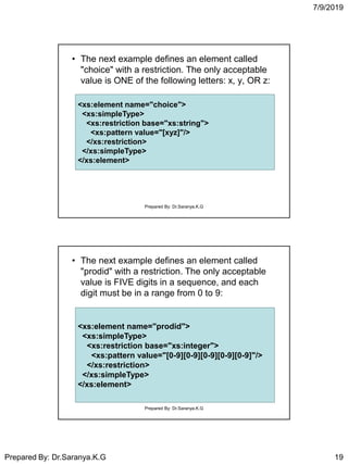 7/9/2019
Prepared By: Dr.Saranya.K.G 19
• The next example defines an element called
"choice" with a restriction. The only acceptable
value is ONE of the following letters: x, y, OR z:
<xs:element name="choice">
<xs:simpleType>
<xs:restriction base="xs:string">
<xs:pattern value="[xyz]"/>
</xs:restriction>
</xs:simpleType>
</xs:element>
Prepared By: Dr.Saranya.K.G
• The next example defines an element called
"prodid" with a restriction. The only acceptable
value is FIVE digits in a sequence, and each
digit must be in a range from 0 to 9:
<xs:element name="prodid">
<xs:simpleType>
<xs:restriction base="xs:integer">
<xs:pattern value="[0-9][0-9][0-9][0-9][0-9]"/>
</xs:restriction>
</xs:simpleType>
</xs:element>
Prepared By: Dr.Saranya.K.G
 