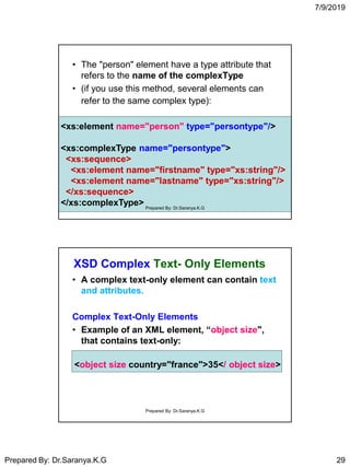 7/9/2019
Prepared By: Dr.Saranya.K.G 29
• The "person" element have a type attribute that
refers to the name of the complexType
• (if you use this method, several elements can
refer to the same complex type):
<xs:element name="person" type="persontype"/>
<xs:complexType name="persontype">
<xs:sequence>
<xs:element name="firstname" type="xs:string"/>
<xs:element name="lastname" type="xs:string"/>
</xs:sequence>
</xs:complexType> Prepared By: Dr.Saranya.K.G
XSD Complex Text- Only Elements
• A complex text-only element can contain text
and attributes.
Complex Text-Only Elements
• Example of an XML element, “object size",
that contains text-only:
<object size country="france">35</ object size>
Prepared By: Dr.Saranya.K.G
 
