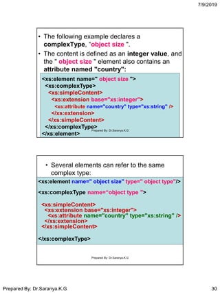 7/9/2019
Prepared By: Dr.Saranya.K.G 30
• The following example declares a
complexType, “object size ".
• The content is defined as an integer value, and
the " object size " element also contains an
attribute named "country":
<xs:element name=" object size ">
<xs:complexType>
<xs:simpleContent>
<xs:extension base="xs:integer">
<xs:attribute name="country" type="xs:string" />
</xs:extension>
</xs:simpleContent>
</xs:complexType>
</xs:element>
Prepared By: Dr.Saranya.K.G
• Several elements can refer to the same
complex type:
<xs:element name=" object size" type=" object type"/>
<xs:complexType name=“object type ">
<xs:simpleContent>
<xs:extension base="xs:integer">
<xs:attribute name="country" type="xs:string" />
</xs:extension>
</xs:simpleContent>
</xs:complexType>
Prepared By: Dr.Saranya.K.G
 