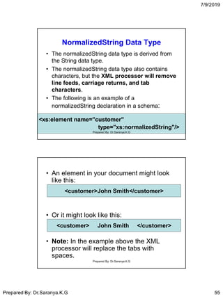 7/9/2019
Prepared By: Dr.Saranya.K.G 55
NormalizedString Data Type
• The normalizedString data type is derived from
the String data type.
• The normalizedString data type also contains
characters, but the XML processor will remove
line feeds, carriage returns, and tab
characters.
• The following is an example of a
normalizedString declaration in a schema:
<xs:element name="customer"
type="xs:normalizedString"/>
Prepared By: Dr.Saranya.K.G
• An element in your document might look
like this:
• Or it might look like this:
• Note: In the example above the XML
processor will replace the tabs with
spaces.
<customer>John Smith</customer>
<customer> John Smith </customer>
Prepared By: Dr.Saranya.K.G
 
