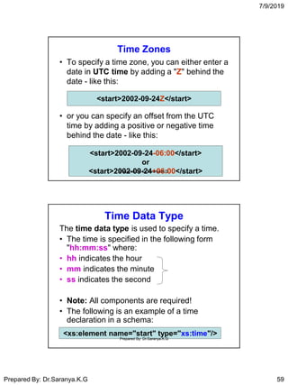 7/9/2019
Prepared By: Dr.Saranya.K.G 59
Time Zones
• To specify a time zone, you can either enter a
date in UTC time by adding a "Z" behind the
date - like this:
• or you can specify an offset from the UTC
time by adding a positive or negative time
behind the date - like this:
<start>2002-09-24-06:00</start>
or
<start>2002-09-24+06:00</start>
<start>2002-09-24Z</start>
Prepared By: Dr.Saranya.K.G
Time Data Type
The time data type is used to specify a time.
• The time is specified in the following form
"hh:mm:ss" where:
• hh indicates the hour
• mm indicates the minute
• ss indicates the second
• Note: All components are required!
• The following is an example of a time
declaration in a schema:
<xs:element name="start" type="xs:time"/>
Prepared By: Dr.Saranya.K.G
 