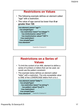 7/9/2019
Prepared By: Dr.Saranya.K.G 17
Restrictions on Values
• The following example defines an element called
"age" with a restriction.
• The value of age cannot be lower than 0 or
greater than 120:
<xs:element name="age">
<xs:simpleType>
<xs:restriction base="xs:integer">
<xs:minInclusive value="0"/>
<xs:maxInclusive value="120"/>
</xs:restriction>
</xs:simpleType>
</xs:element>
Prepared By: Dr.Saranya.K.G
Restrictions on a Series of
Values
• To limit the content of an XML element to define a
series of numbers or letters that can be used, we
would use the pattern constraint.
• The example below defines an element called
"letter" with a restriction. The only acceptable value
is ONE of the LOWERCASE letters from a to z:
<xs:element name="letter">
<xs:simpleType>
<xs:restriction base="xs:string">
<xs:pattern value="[a-z]"/>
</xs:restriction>
</xs:simpleType>
</xs:element> Prepared By: Dr.Saranya.K.G
 