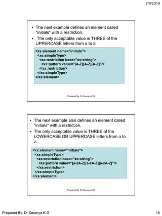7/9/2019
Prepared By: Dr.Saranya.K.G 18
• The next example defines an element called
"initials" with a restriction.
• The only acceptable value is THREE of the
UPPERCASE letters from a to z:
<xs:element name="initials">
<xs:simpleType>
<xs:restriction base="xs:string">
<xs:pattern value="[A-Z][A-Z][A-Z]"/>
</xs:restriction>
</xs:simpleType>
</xs:element>
Prepared By: Dr.Saranya.K.G
• The next example also defines an element called
"initials" with a restriction.
• The only acceptable value is THREE of the
LOWERCASE OR UPPERCASE letters from a to
z:
<xs:element name="initials">
<xs:simpleType>
<xs:restriction base="xs:string">
<xs:pattern value="[a-zA-Z][a-zA-Z][a-zA-Z]"/>
</xs:restriction>
</xs:simpleType>
</xs:element>
Prepared By: Dr.Saranya.K.G
 