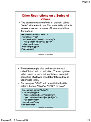 7/9/2019
Prepared By: Dr.Saranya.K.G 20
Other Restrictions on a Series of
Values
• The example below defines an element called
"letter" with a restriction. The acceptable value is
zero or more occurrences of lowercase letters
from a to z:
<xs:element name="letter">
<xs:simpleType>
<xs:restriction base="xs:string">
<xs:pattern value="([a-z])*"/>
</xs:restriction>
</xs:simpleType>
</xs:element>
Prepared By: Dr.Saranya.K.G
• The next example also defines an element
called "letter" with a restriction. The acceptable
value is one or more pairs of letters, each pair
consisting of a lower case letter followed by an
upper case letter.
• For example, "sToP" will be validated by this
pattern, but not "Stop" or "STOP" or "stop":
<xs:element name="letter">
<xs:simpleType>
<xs:restriction base="xs:string">
<xs:pattern value="([a-z][A-Z])+"/>
</xs:restriction>
</xs:simpleType>
</xs:element>
Prepared By: Dr.Saranya.K.G
 
