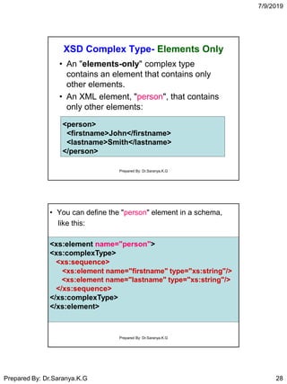 7/9/2019
Prepared By: Dr.Saranya.K.G 28
XSD Complex Type- Elements Only
• An "elements-only" complex type
contains an element that contains only
other elements.
• An XML element, "person", that contains
only other elements:
<person>
<firstname>John</firstname>
<lastname>Smith</lastname>
</person>
Prepared By: Dr.Saranya.K.G
• You can define the "person" element in a schema,
like this:
<xs:element name="person">
<xs:complexType>
<xs:sequence>
<xs:element name="firstname" type="xs:string"/>
<xs:element name="lastname" type="xs:string"/>
</xs:sequence>
</xs:complexType>
</xs:element>
Prepared By: Dr.Saranya.K.G
 