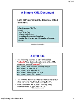 7/9/2019
Prepared By: Dr.Saranya.K.G 5
A Simple XML Document
• Look at this simple XML document called
"note.xml":
<?xml version="1.0"?>
<note>
<to>Tove</to>
<from>Jani</from>
<heading>Reminder</heading>
<body>Don't forget me this weekend!</body>
</note>
Prepared By: Dr.Saranya.K.G
A DTD File
• The following example is a DTD file called
"note.dtd" that defines the elements of the XML
document above ("note.xml"):
• The first line defines the note element to have four
child elements: "to, from, heading, body".
• Line 2-5 defines the to, from, heading, body
elements to be of type "#PCDATA".
<!ELEMENT note (to, from, heading, body)>
<!ELEMENT to (#PCDATA)>
<!ELEMENT from (#PCDATA)>
<!ELEMENT heading (#PCDATA)>
<!ELEMENT body (#PCDATA)>
Prepared By: Dr.Saranya.K.G
 