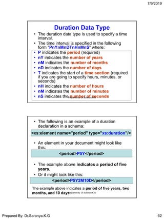 7/9/2019
Prepared By: Dr.Saranya.K.G 62
Duration Data Type
• The duration data type is used to specify a time
interval.
• The time interval is specified in the following
form "PnYnMnDTnHnMnS" where:
• P indicates the period (required)
• nY indicates the number of years
• nM indicates the number of months
• nD indicates the number of days
• T indicates the start of a time section (required
if you are going to specify hours, minutes, or
seconds)
• nH indicates the number of hours
• nM indicates the number of minutes
• nS indicates the number of seconds
Prepared By: Dr.Saranya.K.G
• The following is an example of a duration
declaration in a schema:
• An element in your document might look like
this:
• The example above indicates a period of five
years.
• Or it might look like this:
<xs:element name="period" type="xs:duration"/>
<period>P5Y</period>
<period>P5Y2M10D</period>
The example above indicates a period of five years, two
months, and 10 days.
Prepared By: Dr.Saranya.K.G
 
