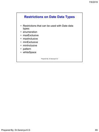 7/9/2019
Prepared By: Dr.Saranya.K.G 65
Restrictions on Date Data Types
• Restrictions that can be used with Date data
types:
• enumeration
• maxExclusive
• maxInclusive
• minExclusive
• minInclusive
• pattern
• whiteSpace
Prepared By: Dr.Saranya.K.G
 