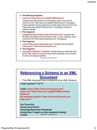 7/9/2019
Prepared By: Dr.Saranya.K.G 9
 The following fragment:
• xmlns:xs="http://www.w3.org/2001/XMLSchema"
indicates that the elements and data types used in the schema
come from the "http://www.w3.org/2001/XMLSchema" namespace.
It also specifies that the elements and data types that come from the
"http://www.w3.org/2001/XMLSchema" namespace should be
prefixed with xs:
 This fragment:
• targetNamespace="http://www.w3schools.com" indicates that
the elements defined by this schema (note, to, from, heading, body.)
come from the "http://www.w3schools.com" namespace.
 This fragment:
• xmlns="http://www.w3schools.com" indicates that the default
namespace is "http://www.w3schools.com".
 This fragment:
• elementFormDefault="qualified" indicates that any elements used
by the XML instance document which were declared in this schema
must be namespace qualified.
Prepared By: Dr.Saranya.K.G
Referencing a Schema in an XML
Document
• This XML document has a reference to an XML Schema:
<?xml version="1.0"?>
<note xmlns="http://www.w3schools.com"
xmlns:xsi="http://www.w3.org/2001/XMLSchema-
instance"
xsi:schemaLocation="http://www.w3schools.com
note.xsd">
<to>Tove</to>
<from>Jani</from>
<heading>Reminder</heading>
<body>Don't forget me this weekend!</body>
</note> Prepared By: Dr.Saranya.K.G
 