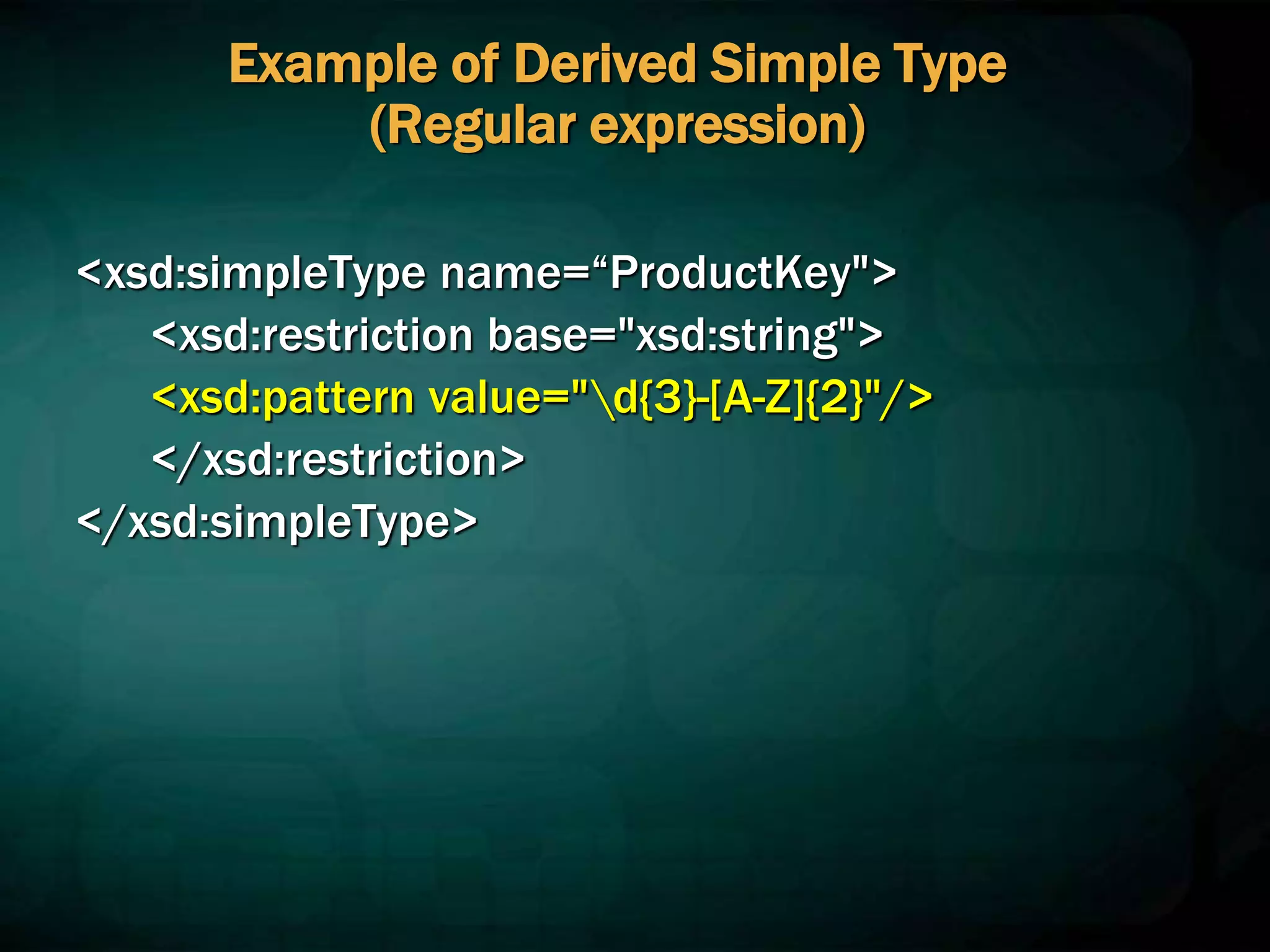 Example of Derived Simple Type
(Regular expression)
<xsd:simpleType name=“ProductKey">
<xsd:restriction base="xsd:string">
<xsd:pattern value="d{3}-[A-Z]{2}"/>
</xsd:restriction>
</xsd:simpleType>
 