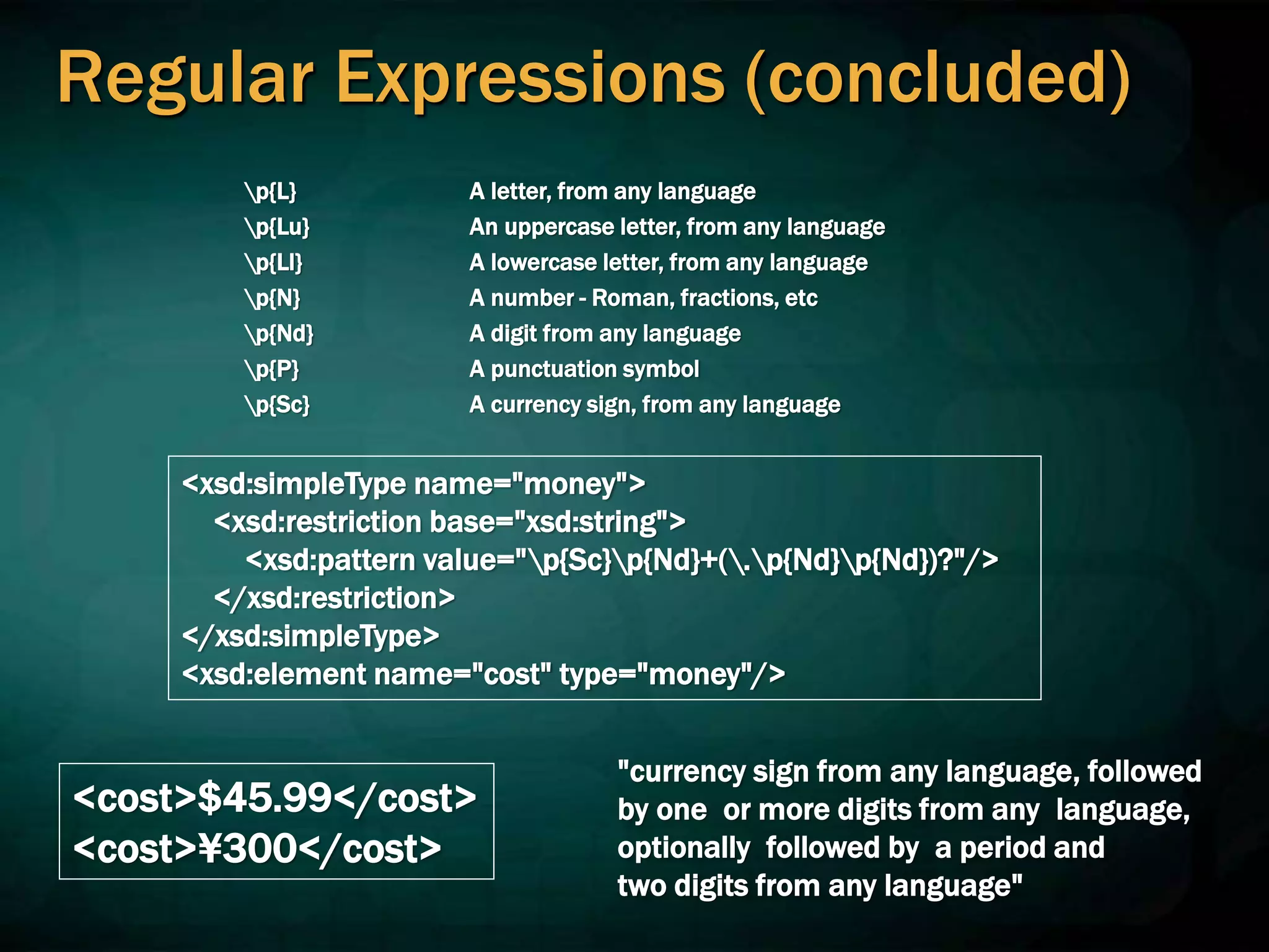 Regular Expressions (concluded)
p{L}
p{Lu}
p{Ll}
p{N}
p{Nd}
p{P}
p{Sc}
A letter, from any language
An uppercase letter, from any language
A lowercase letter, from any language
A number - Roman, fractions, etc
A digit from any language
A punctuation symbol
A currency sign, from any language
<xsd:simpleType name="money">
<xsd:restriction base="xsd:string">
<xsd:pattern value="p{Sc}p{Nd}+(.p{Nd}p{Nd})?"/>
</xsd:restriction>
</xsd:simpleType>
<xsd:element name="cost" type="money"/>
"currency sign from any language, followed
by one or more digits from any language,
optionally followed by a period and
two digits from any language"
<cost>$45.99</cost>
<cost>¥300</cost>
 