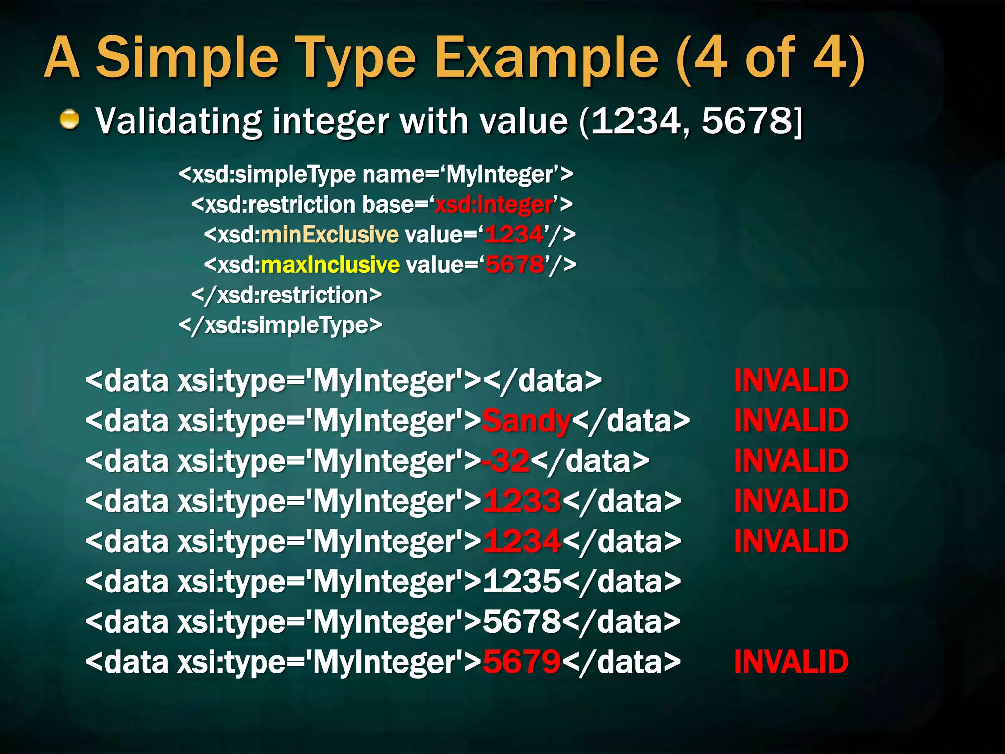 A Simple Type Example (4 of 4)
Validating integer with value (1234, 5678]
<data xsi:type='MyInteger'></data> INVALID
<data xsi:type='MyInteger'>Sandy</data> INVALID
<data xsi:type='MyInteger'>-32</data> INVALID
<data xsi:type='MyInteger'>1233</data> INVALID
<data xsi:type='MyInteger'>1234</data> INVALID
<data xsi:type='MyInteger'>1235</data>
<data xsi:type='MyInteger'>5678</data>
<data xsi:type='MyInteger'>5679</data> INVALID
<xsd:simpleType name=‘MyInteger’>
<xsd:restriction base=‘xsd:integer’>
<xsd:minExclusive value=‘1234’/>
<xsd:maxInclusive value=‘5678’/>
</xsd:restriction>
</xsd:simpleType>
 