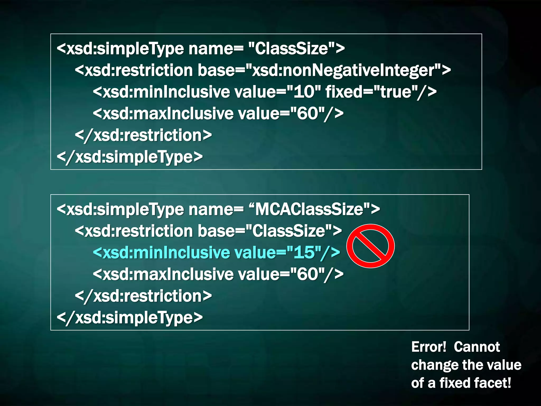 <xsd:simpleType name= "ClassSize">
<xsd:restriction base="xsd:nonNegativeInteger">
<xsd:minInclusive value="10" fixed="true"/>
<xsd:maxInclusive value="60"/>
</xsd:restriction>
</xsd:simpleType>
<xsd:simpleType name= “MCAClassSize">
<xsd:restriction base="ClassSize">
<xsd:minInclusive value="15"/>
<xsd:maxInclusive value="60"/>
</xsd:restriction>
</xsd:simpleType>
Error! Cannot
change the value
of a fixed facet!
 