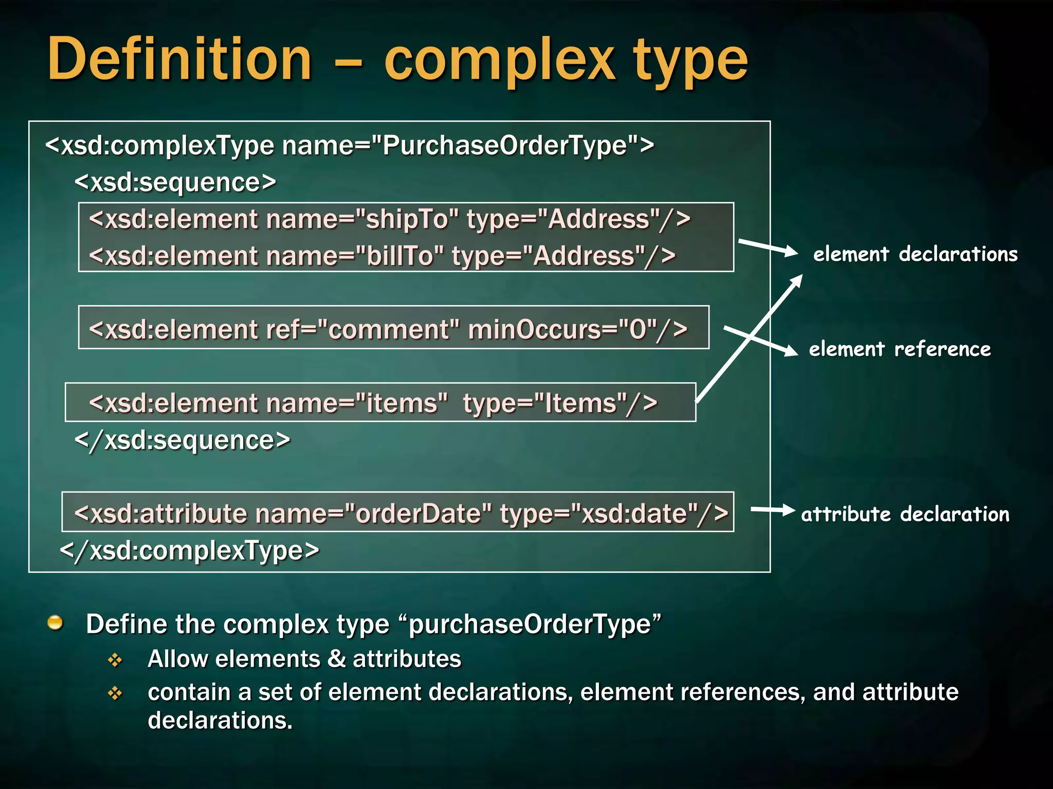 Definition – complex type
<xsd:complexType name="PurchaseOrderType">
<xsd:sequence>
<xsd:element name="shipTo" type="Address"/>
<xsd:element name="billTo" type="Address"/>
<xsd:element ref="comment" minOccurs="0"/>
<xsd:element name="items" type="Items"/>
</xsd:sequence>
<xsd:attribute name="orderDate" type="xsd:date"/>
</xsd:complexType>
Define the complex type “purchaseOrderType”
 Allow elements & attributes
 contain a set of element declarations, element references, and attribute
declarations.
element declarations
attribute declaration
element reference
 