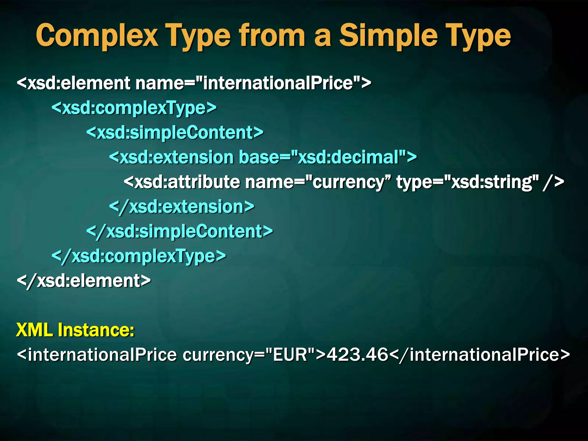 Complex Type from a Simple Type
<xsd:element name="internationalPrice">
<xsd:complexType>
<xsd:simpleContent>
<xsd:extension base="xsd:decimal">
<xsd:attribute name="currency” type="xsd:string" />
</xsd:extension>
</xsd:simpleContent>
</xsd:complexType>
</xsd:element>
XML Instance:
<internationalPrice currency="EUR">423.46</internationalPrice>
 