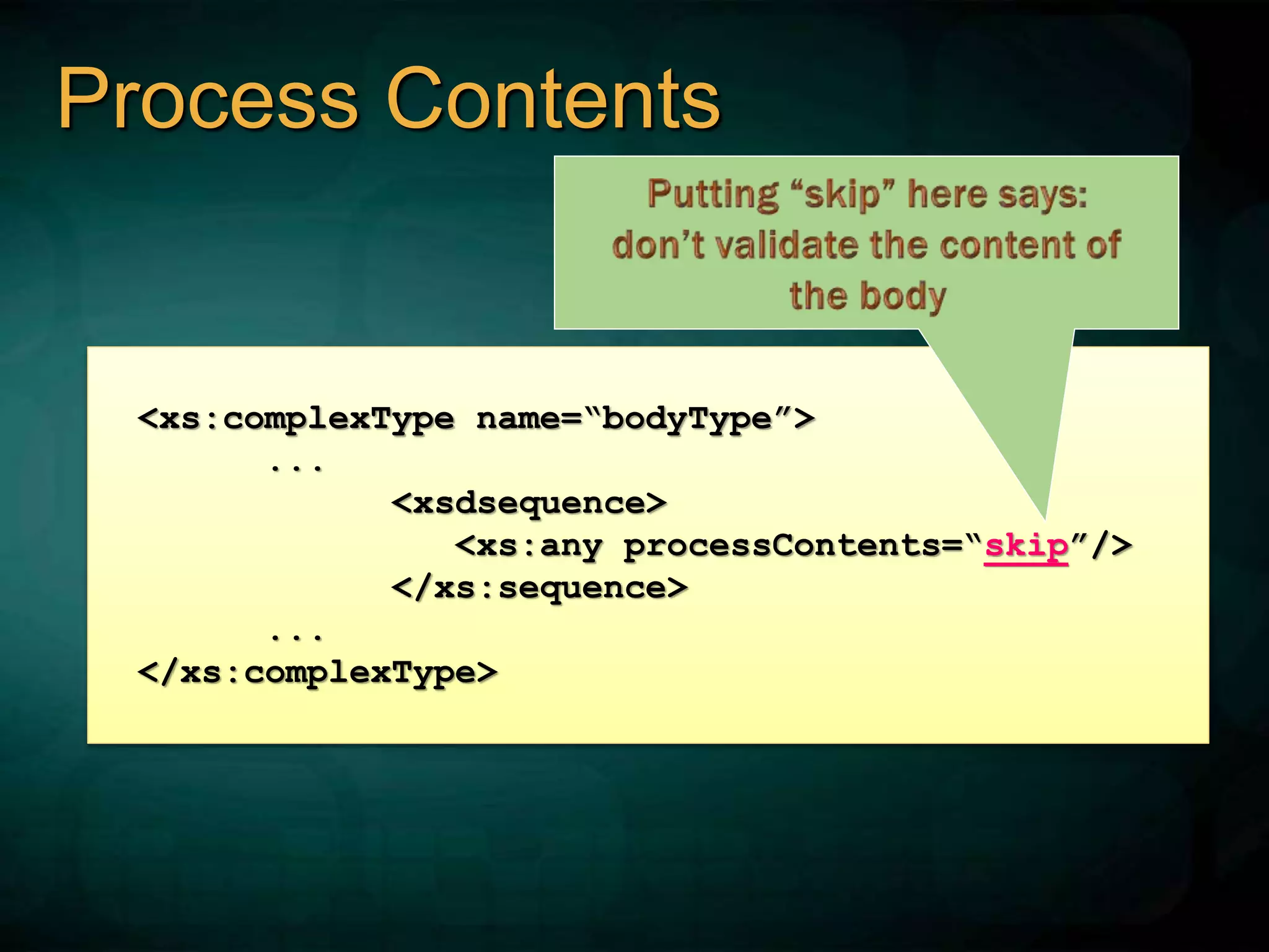 Process Contents
<xs:complexType name=“bodyType”>
...
<xsdsequence>
<xs:any processContents=“skip”/>
</xs:sequence>
...
</xs:complexType>
 