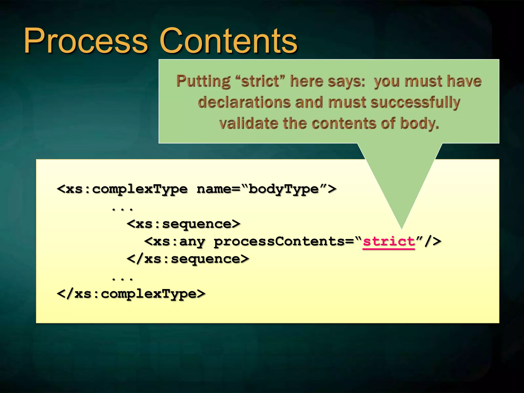 <xs:complexType name=“bodyType”>
...
<xs:sequence>
<xs:any processContents=“strict”/>
</xs:sequence>
...
</xs:complexType>
Process Contents
 