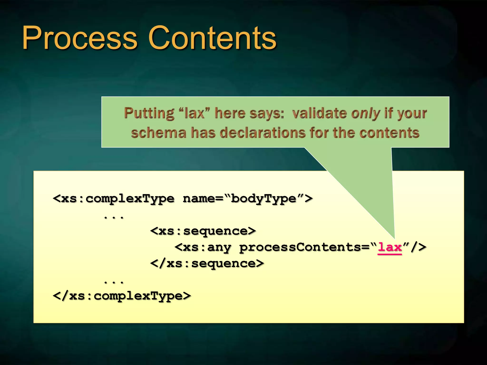 <xs:complexType name=“bodyType”>
...
<xs:sequence>
<xs:any processContents=“lax”/>
</xs:sequence>
...
</xs:complexType>
Process Contents
 