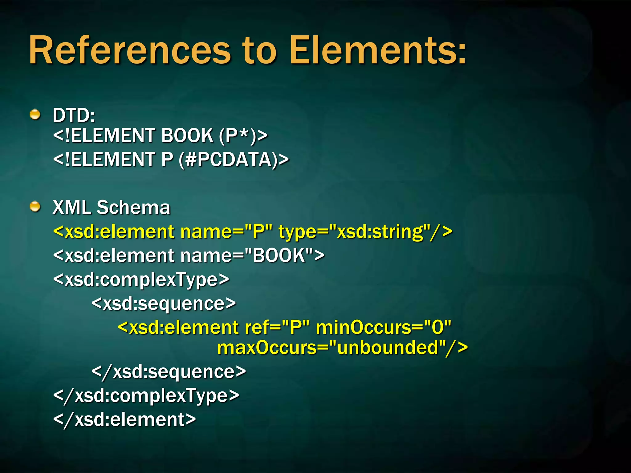 References to Elements:
DTD:
<!ELEMENT BOOK (P*)>
<!ELEMENT P (#PCDATA)>
XML Schema
<xsd:element name="P" type="xsd:string"/>
<xsd:element name="BOOK">
<xsd:complexType>
<xsd:sequence>
<xsd:element ref="P" minOccurs="0"
maxOccurs="unbounded"/>
</xsd:sequence>
</xsd:complexType>
</xsd:element>
 