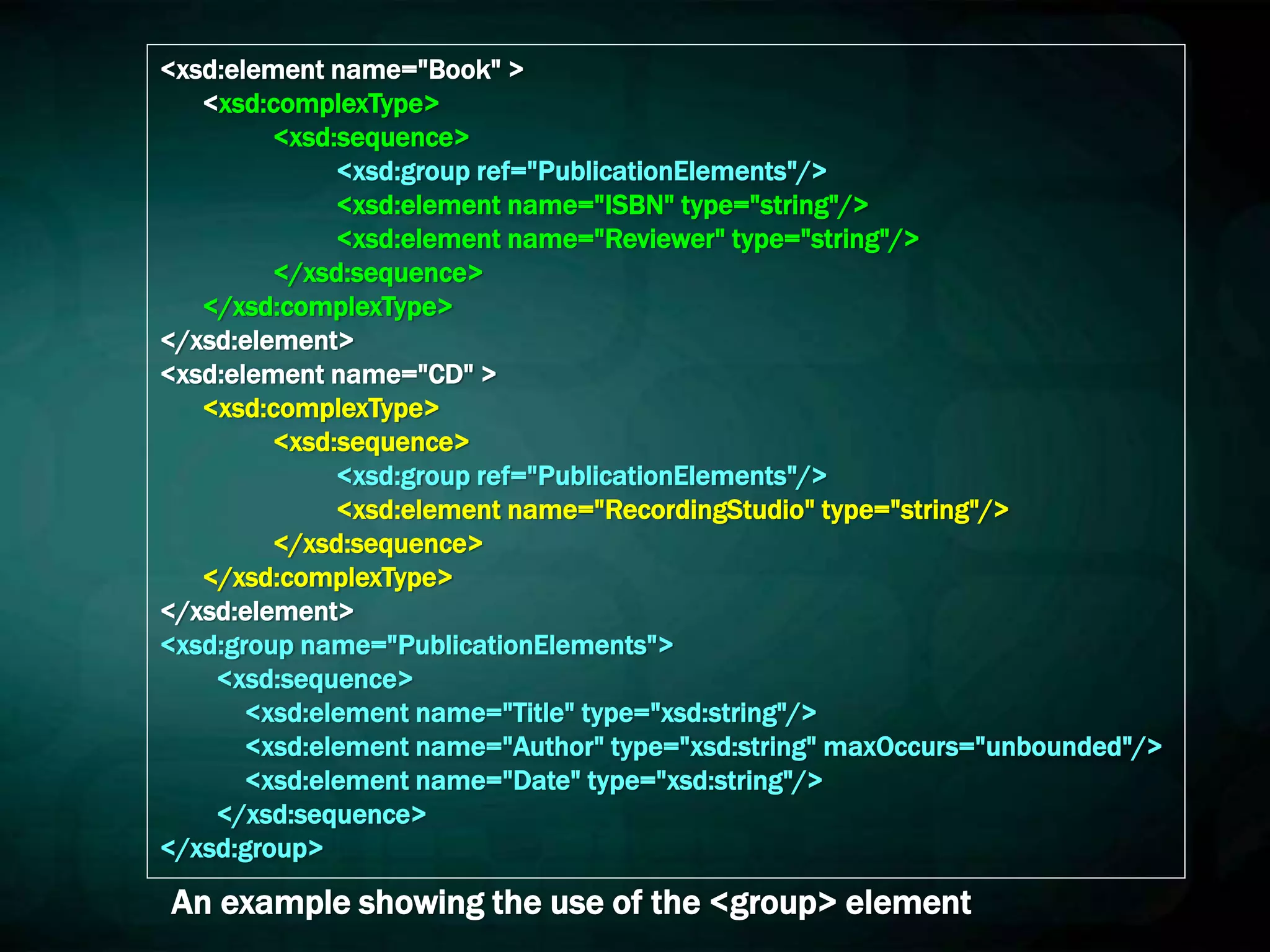 <xsd:element name="Book" >
<xsd:complexType>
<xsd:sequence>
<xsd:group ref="PublicationElements"/>
<xsd:element name="ISBN" type="string"/>
<xsd:element name="Reviewer" type="string"/>
</xsd:sequence>
</xsd:complexType>
</xsd:element>
<xsd:element name="CD" >
<xsd:complexType>
<xsd:sequence>
<xsd:group ref="PublicationElements"/>
<xsd:element name="RecordingStudio" type="string"/>
</xsd:sequence>
</xsd:complexType>
</xsd:element>
<xsd:group name="PublicationElements">
<xsd:sequence>
<xsd:element name="Title" type="xsd:string"/>
<xsd:element name="Author" type="xsd:string" maxOccurs="unbounded"/>
<xsd:element name="Date" type="xsd:string"/>
</xsd:sequence>
</xsd:group>
An example showing the use of the <group> element
 